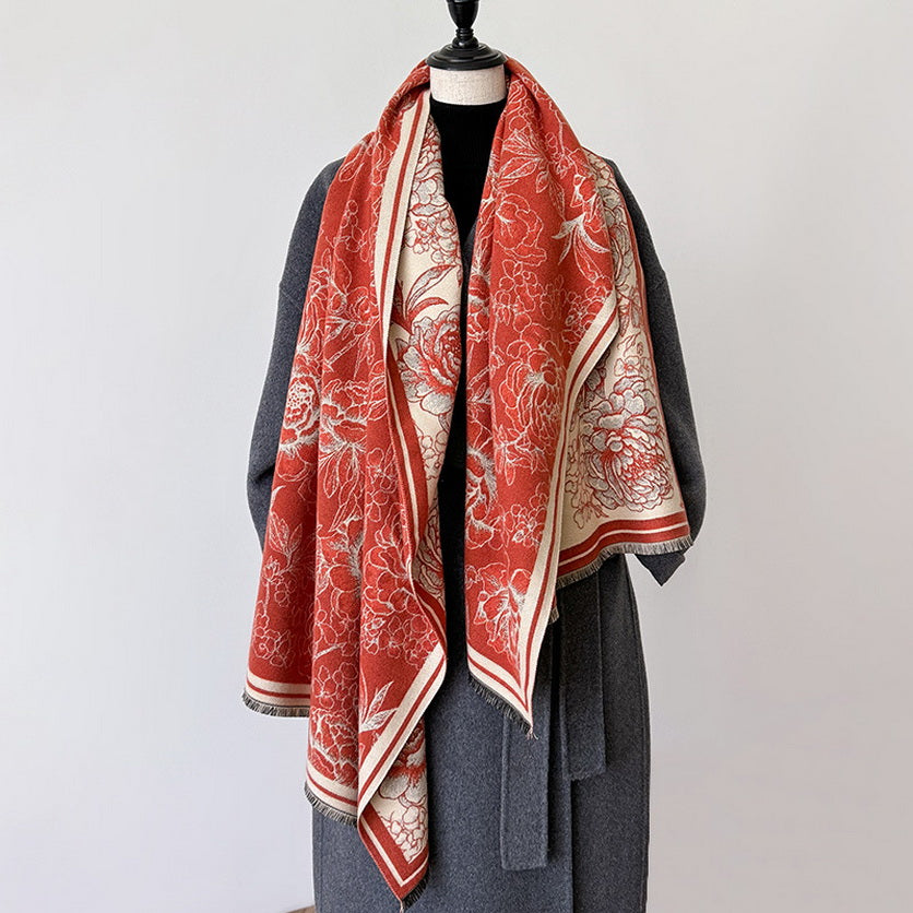 Cashmere Pashmina Scarf – Thick Winter Wrap for Women Vintage Flower Print
