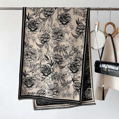 Cashmere Pashmina Scarf – Thick Winter Wrap for Women Vintage Flower Print