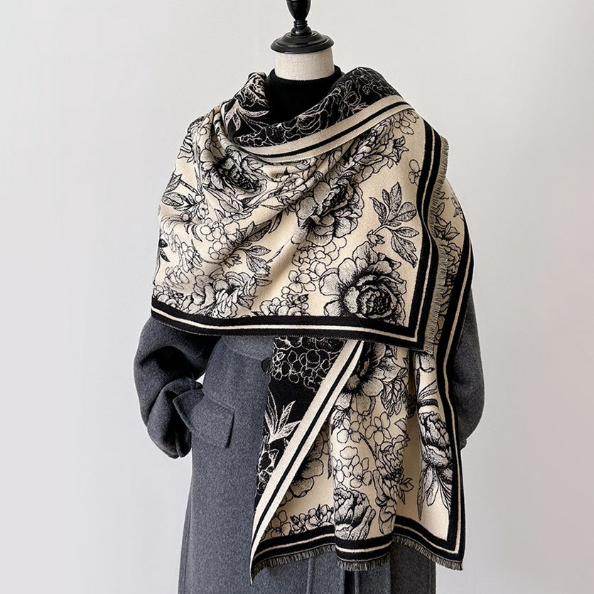 Cashmere Pashmina Scarf – Thick Winter Wrap for Women Vintage Flower Print