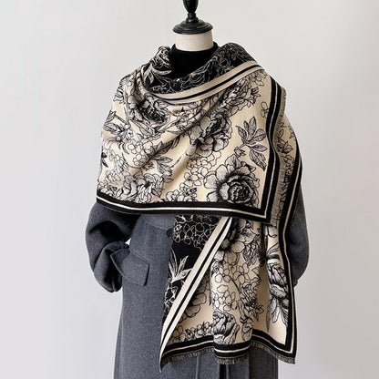 Cashmere Pashmina Scarf – Thick Winter Wrap for Women Vintage Flower Print