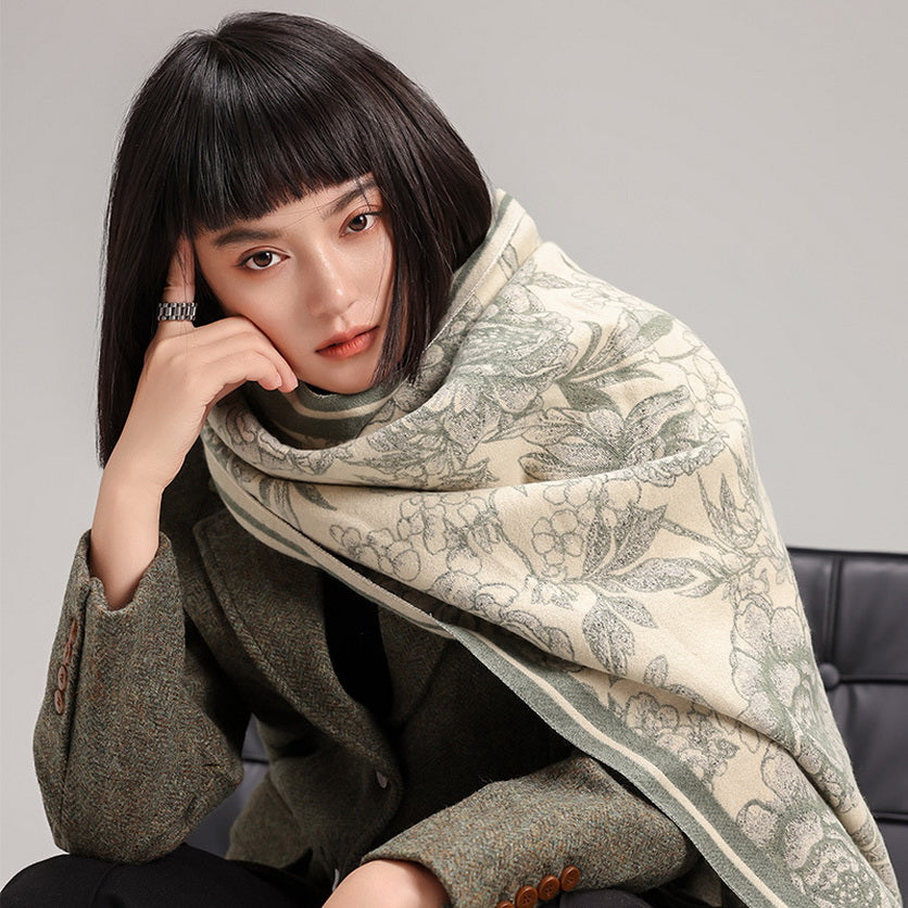 Cashmere Pashmina Scarf – Thick Winter Wrap for Women Vintage Flower Print