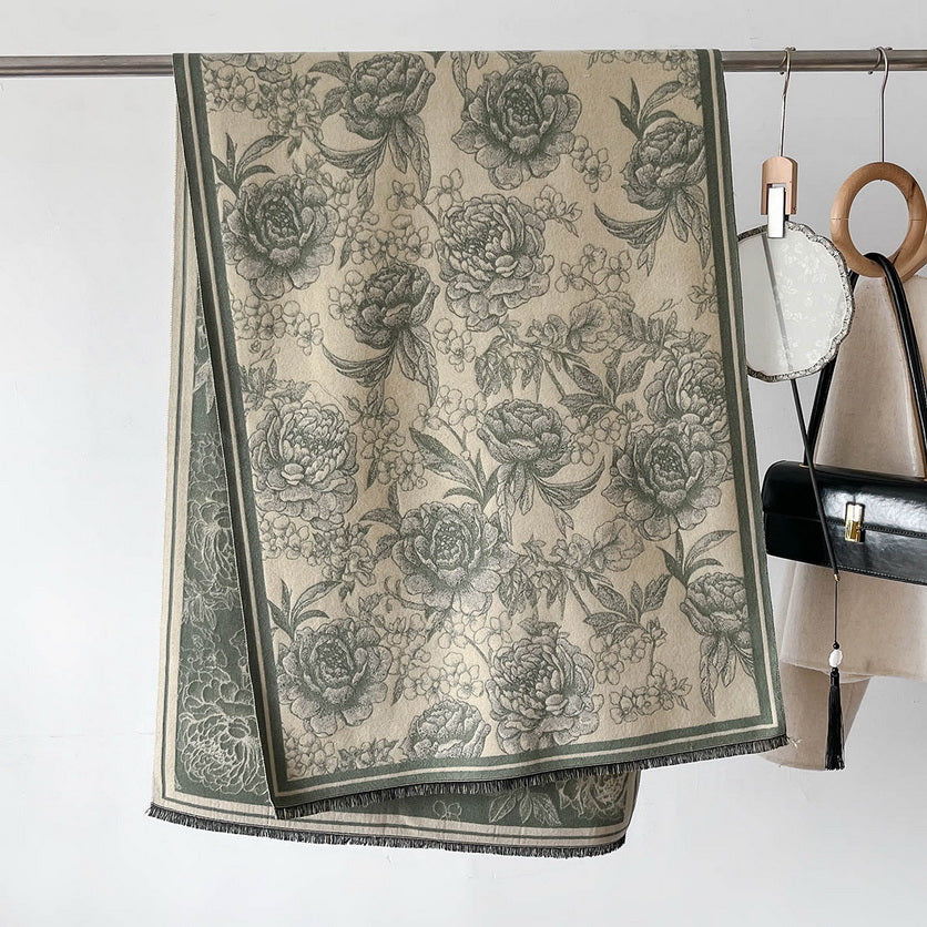 Cashmere Pashmina Scarf – Thick Winter Wrap for Women Vintage Flower Print