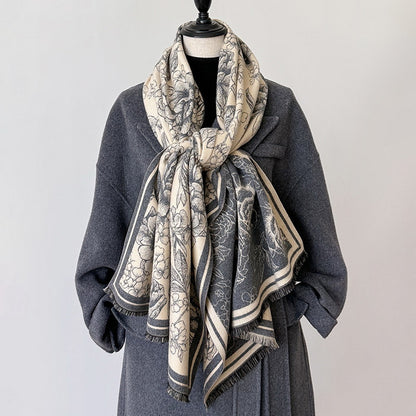 Cashmere Pashmina Scarf – Thick Winter Wrap for Women Vintage Flower Print