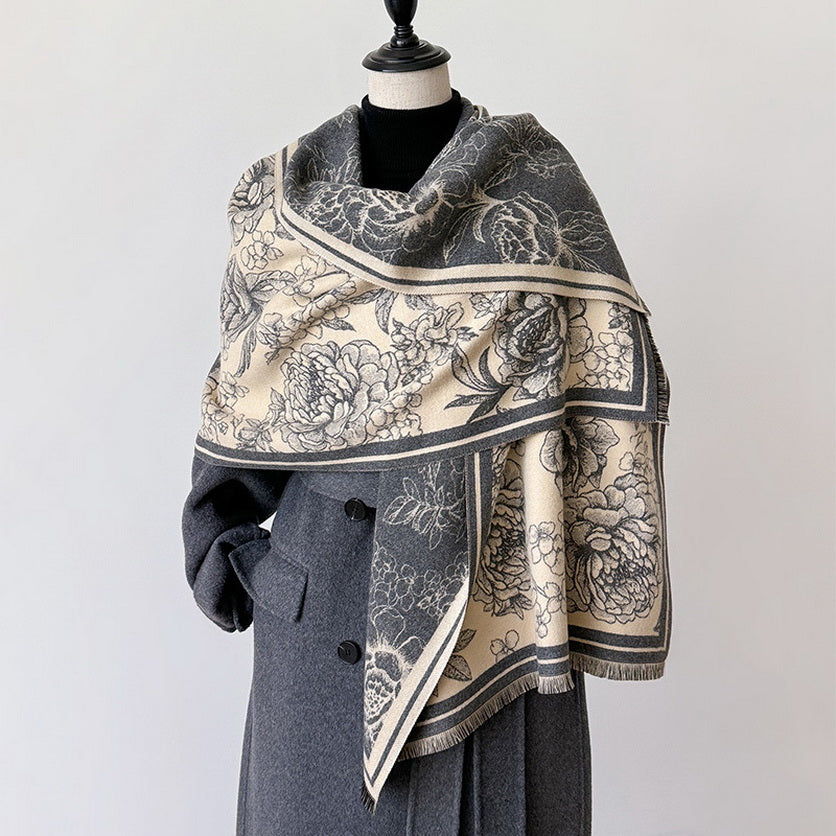 Cashmere Pashmina Scarf – Thick Winter Wrap for Women Vintage Flower Print