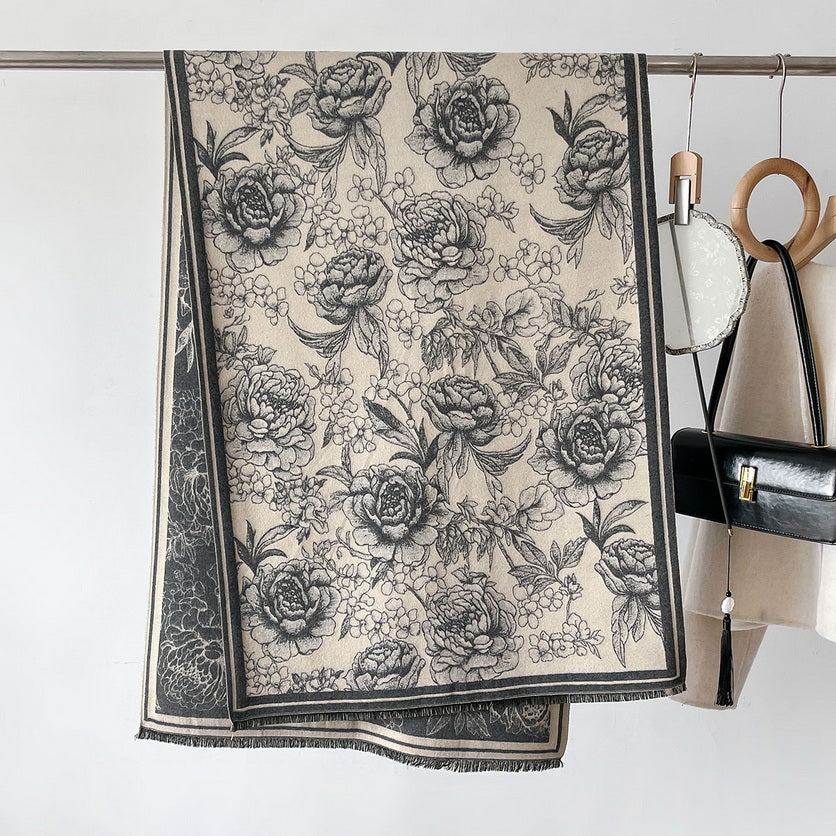 Cashmere Pashmina Scarf – Thick Winter Wrap for Women Vintage Flower Print