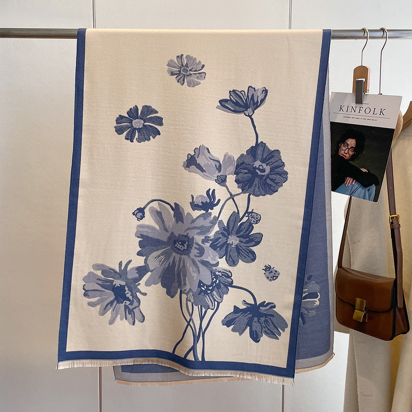 Cashmere Pashmina Scarf – Thick Winter Wrap for Women Floral Long Stem
