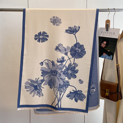Cashmere Pashmina Scarf – Thick Winter Wrap for Women Floral Long Stem