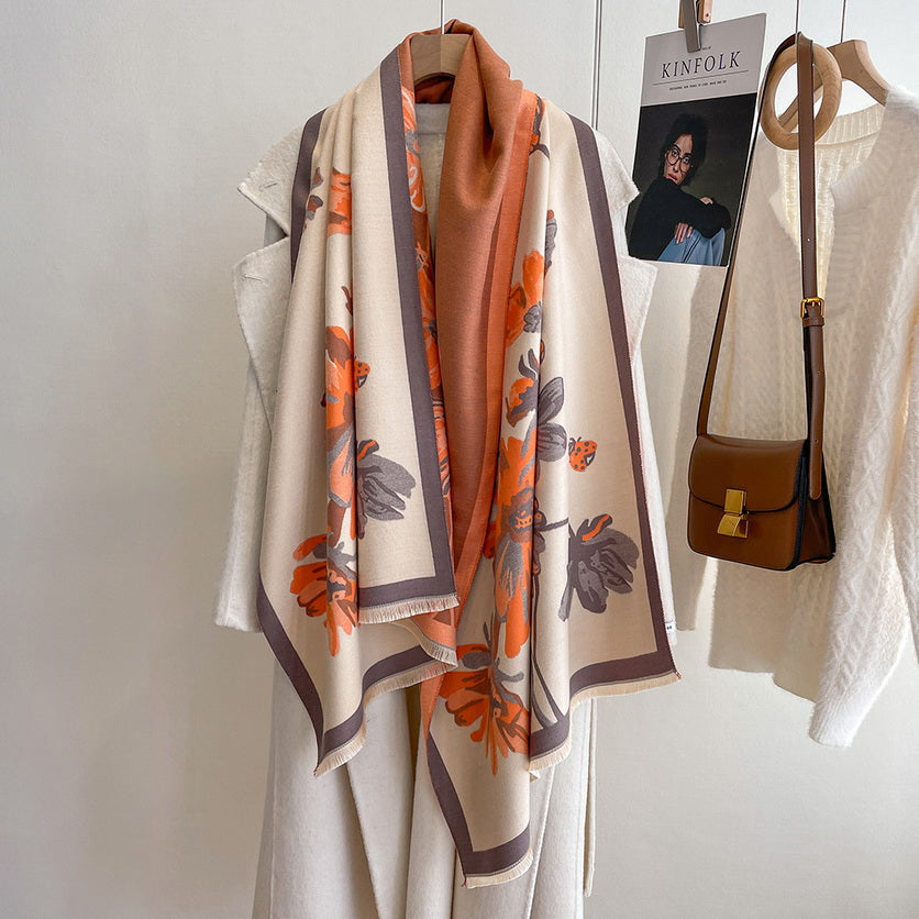 Cashmere Pashmina Scarf – Thick Winter Wrap for Women Floral Long Stem