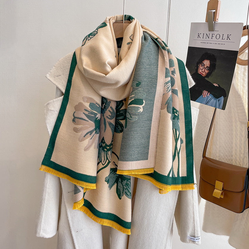 Cashmere Pashmina Scarf – Thick Winter Wrap for Women Floral Long Stem