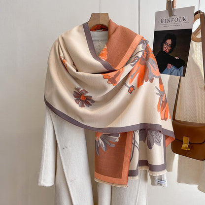 Cashmere Pashmina Scarf – Thick Winter Wrap for Women Floral Long Stem