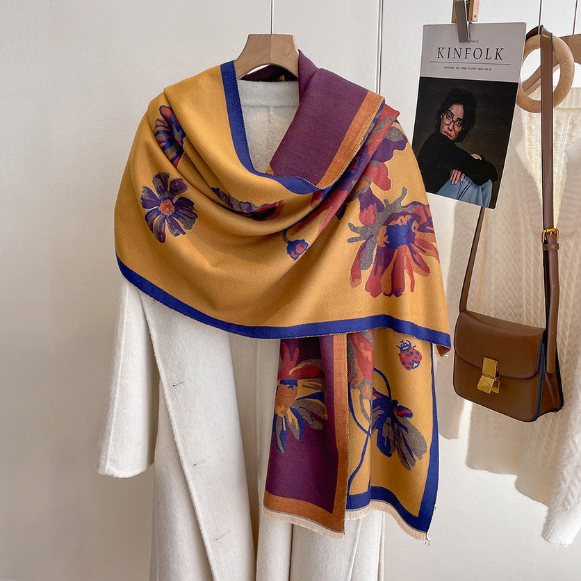 Cashmere Pashmina Scarf – Thick Winter Wrap for Women Floral Long Stem