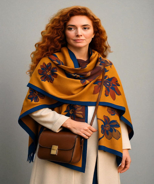 Woman wearing a patterned reversible blanket shawl flower print scarf