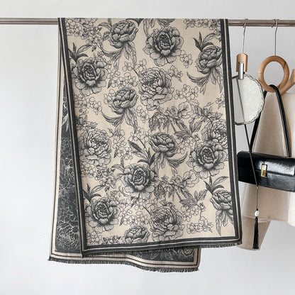 Cashmere Pashmina Scarf – Thick Winter Wrap for Women Vintage Flower Print