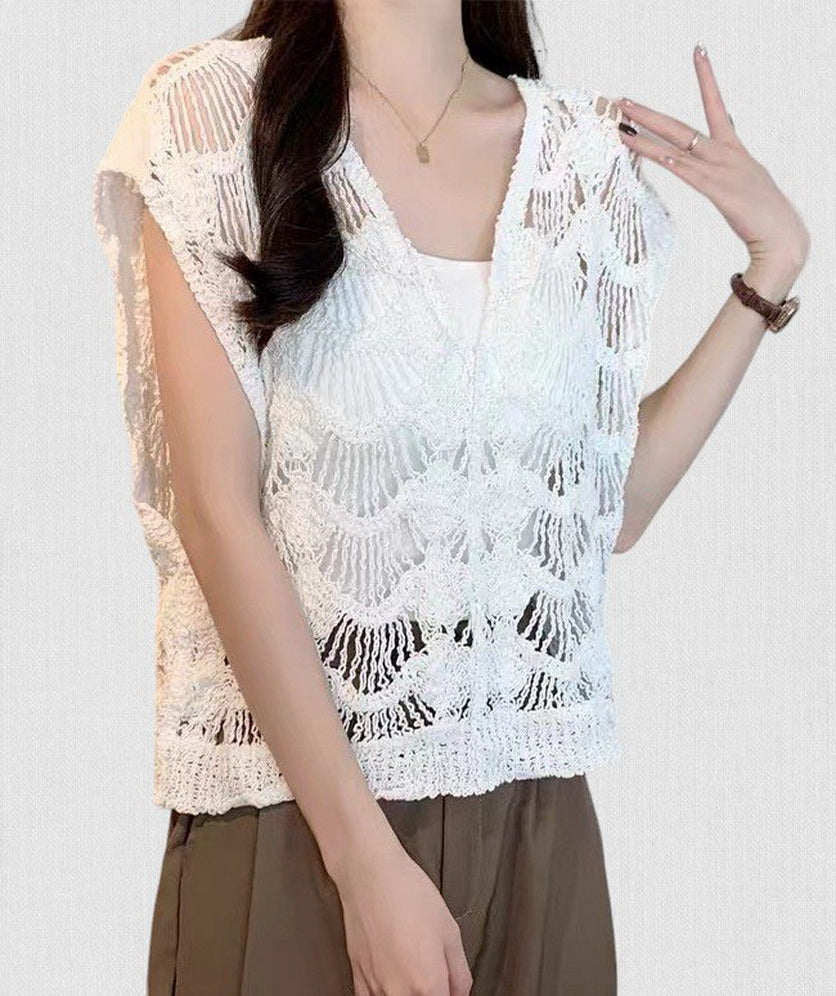 Women's Crochet Tops Laced V Neck Pullover Boho Sleeveless Cover Up for Women