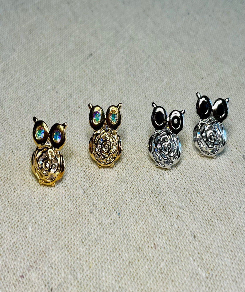 Crystal Owl Stud Earrings Cute Cutout Flower