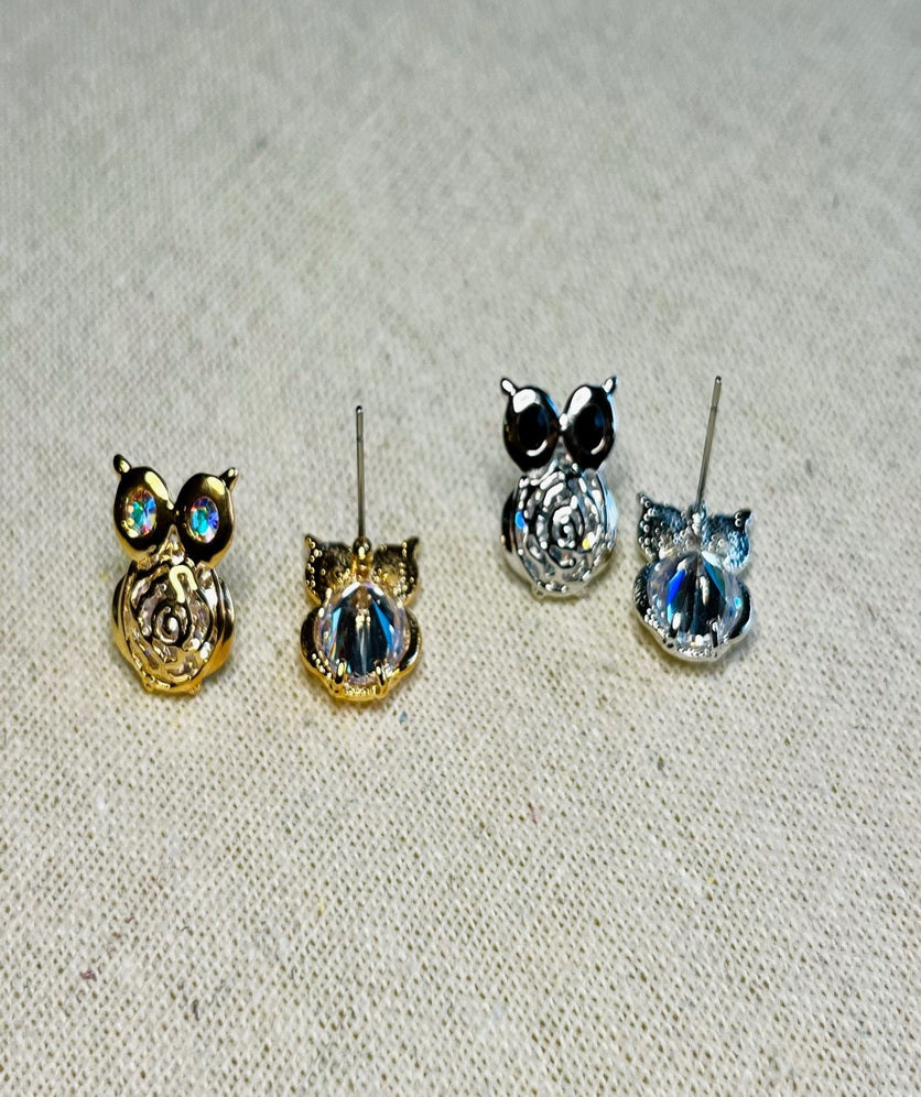 Crystal Owl Stud Earrings Cute Cutout Flower