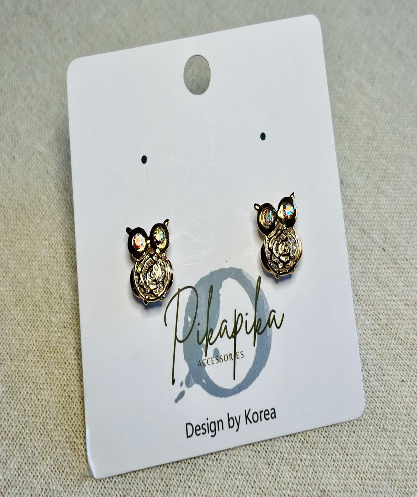 Crystal Owl Stud Earrings Cute Cutout Flower