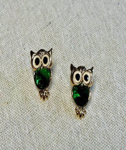 Crystal Owl Stud Earrings Cute Emerald Green