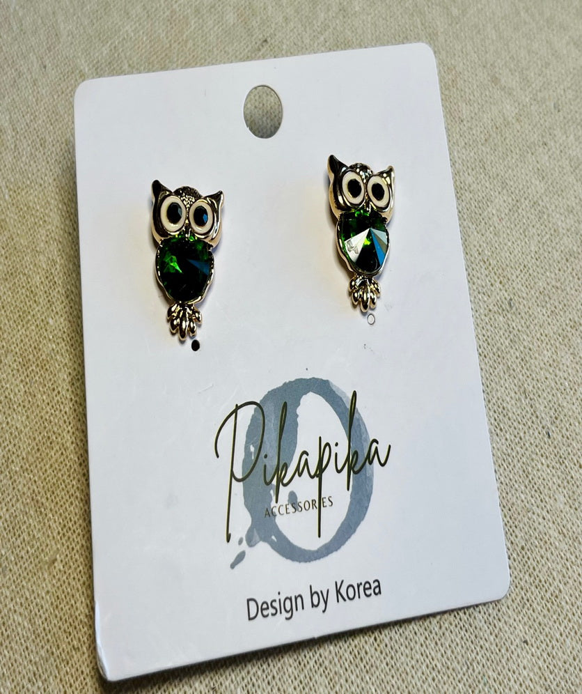 Crystal Owl Stud Earrings Cute Emerald Green