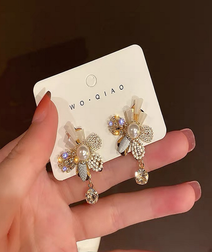 Dangle Drop Earring Flower Stud Rhinestone Pearl Detachable