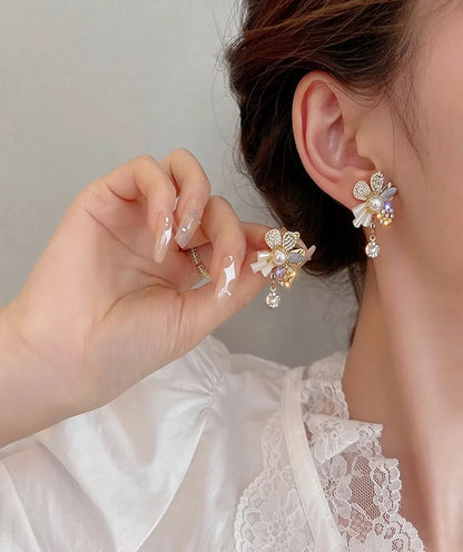 Dangle Drop Earring Flower Stud Rhinestone Pearl Detachable