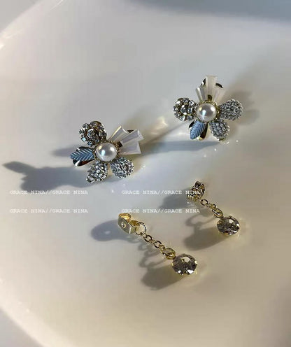 Dangle Drop Earring Flower Stud Rhinestone Pearl Detachable