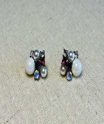 Earring Stud Pearl Rhinestone Cluster