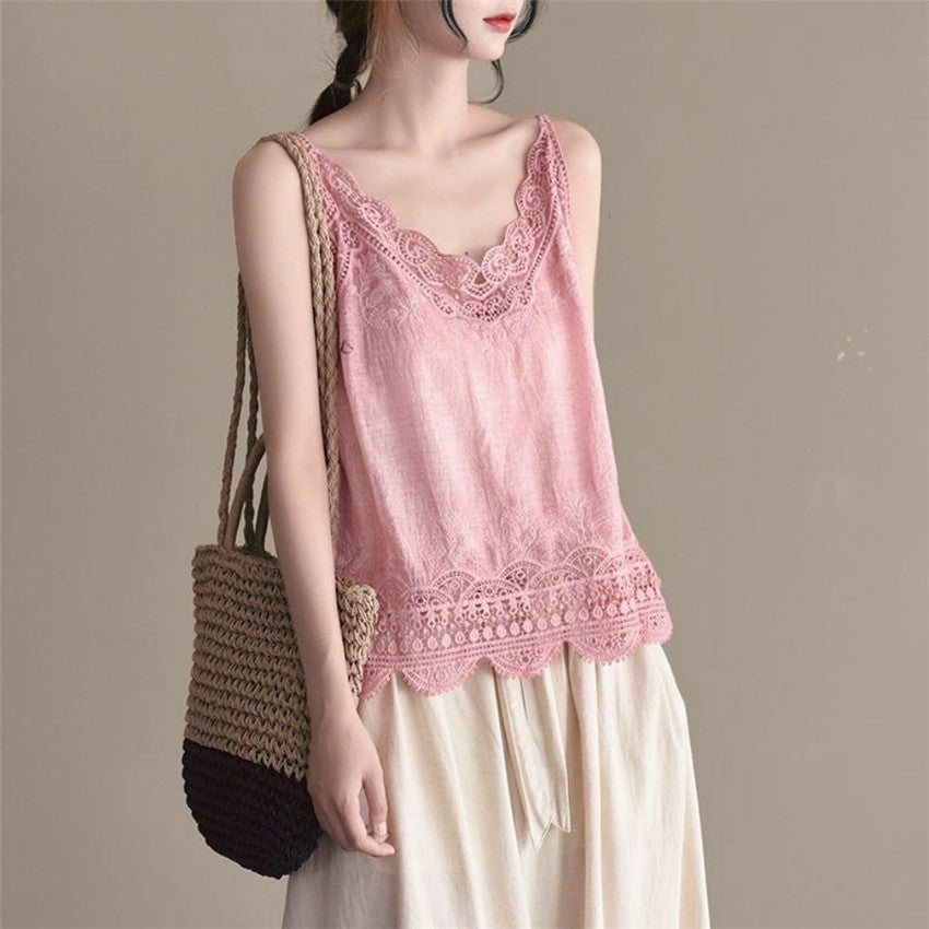 Women Sleeveless Tank Top Crochet Boho Camisole Crop Top Vintage Lace Trim