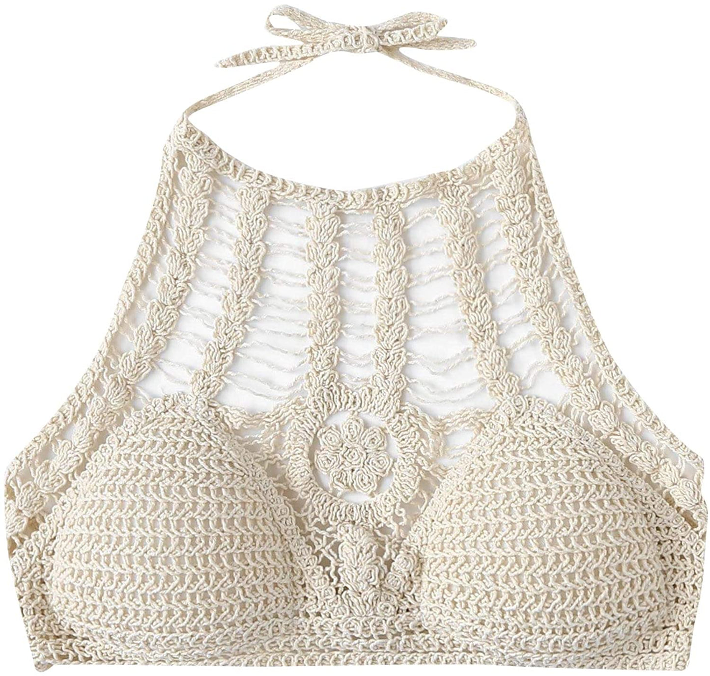 Women Crochet Crop Top Halter Bikini Cami Top Bralette Boho Hippie Tie Back Round Neckline