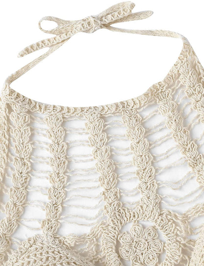 Women Crochet Crop Top Halter Bikini Cami Top Bralette Boho Hippie Tie Back Round Neckline