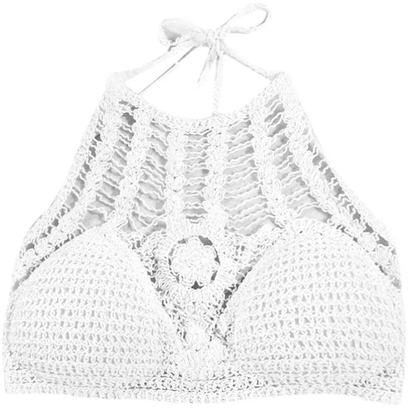 Women Crochet Crop Top Halter Bikini Cami Top Bralette Boho Hippie Tie Back Round Neckline