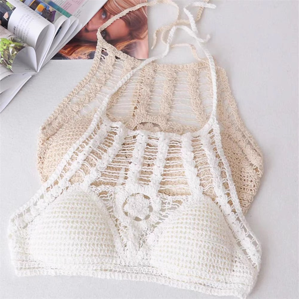 Women Crochet Crop Top Halter Bikini Cami Top Bralette Boho Hippie Tie Back Round Neckline