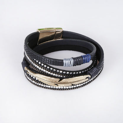 Women Leather Wrap Bracelet Multi Layer Wristband Feather Wrap Around Magnetic Closure