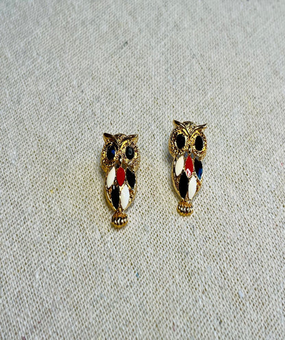 Owl Stud Earrings Colourful Feather