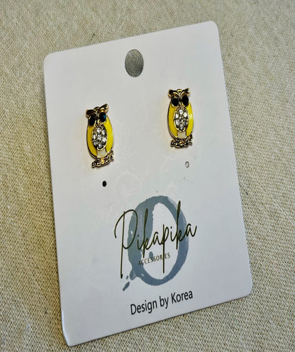 Owl Stud Earrings Yellow With Rhinestone