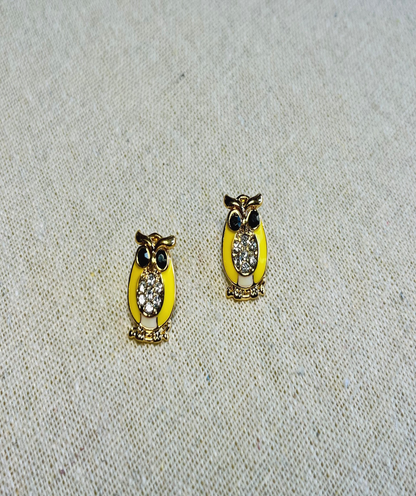 Owl Stud Earrings Yellow With Rhinestone