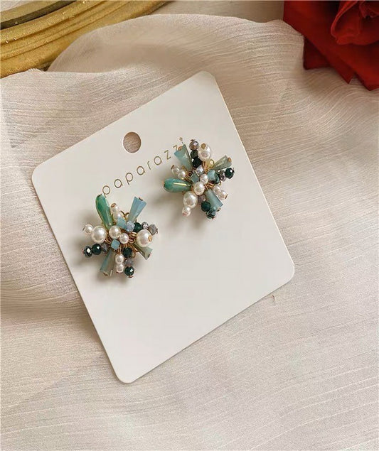 Pearl Earrings Vintage Crystal Faceted Beads Flower Stud