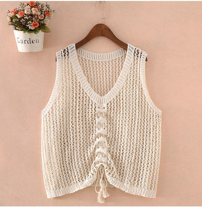 Women Sleeveless Tank Top Crochet Boho Camisole Crop Top Hollow Out Drawstring