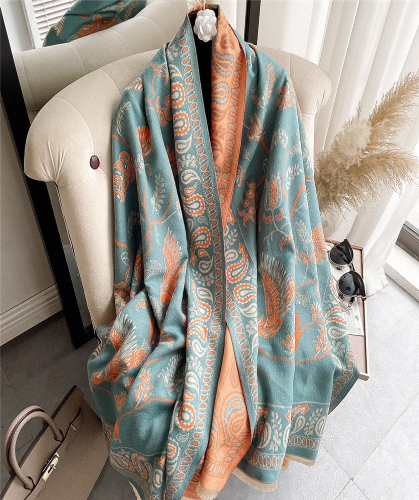 Pashmina Scarf Shawl Wrap Vintage Reversible Bird Paisley Print