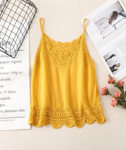 Women Sleeveless Tank Top Crochet Boho Camisole Crop Top Vintage Lace Trim