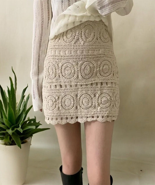 Women Summer Skirt Elastic Waist Lace Crochet