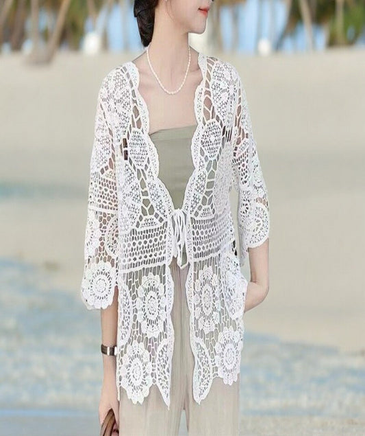 Women's Crochet Floral Lace Cardigan Cover Up for Women Half Sleeve Tie Front Top