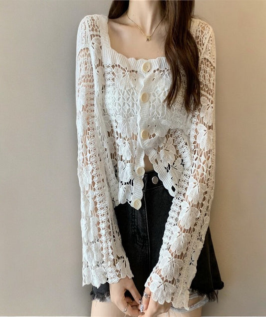 Women's Crochet Floral Lace Top Cardigan Cover Up for Women Long Sleeve Button Square Collar