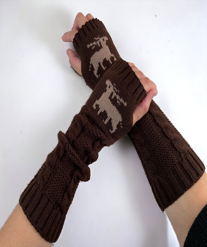 Fingerless Gloves Women Winter Knit Arm Warmers Long Reindeer