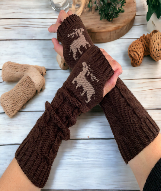 Fingerless Gloves Women Winter Knit Arm Warmers Long Reindeer