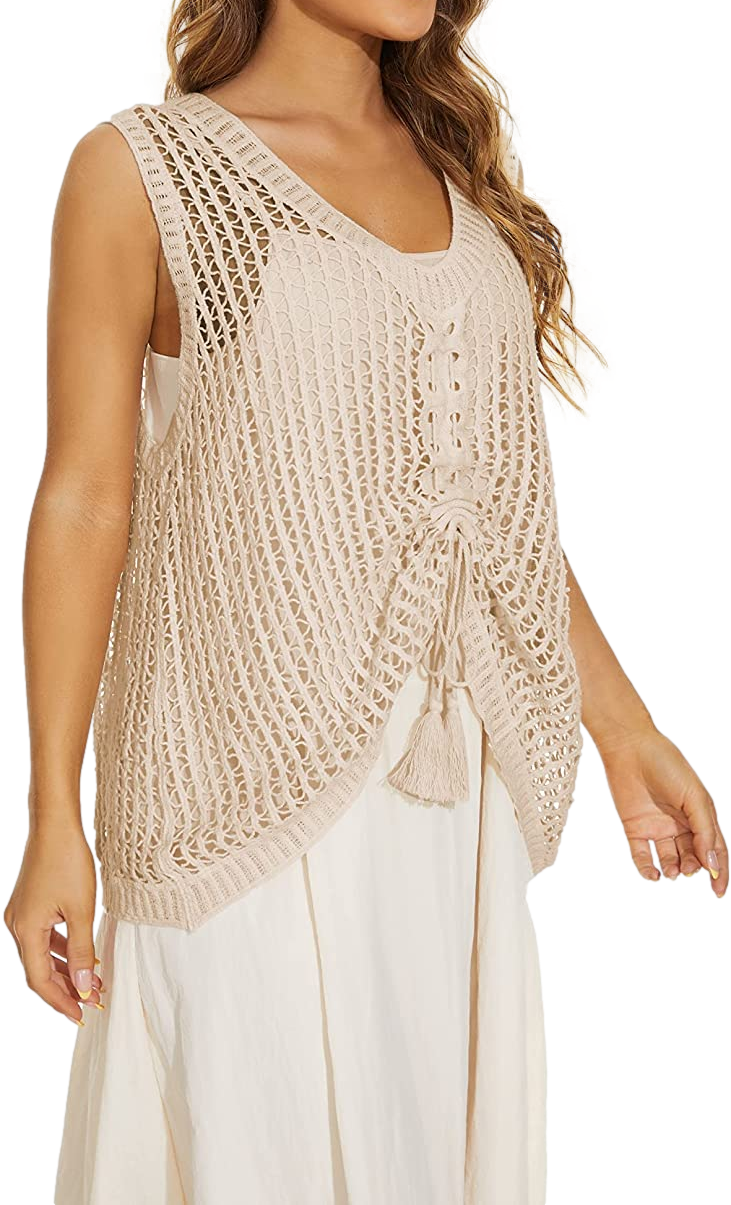 Women Sleeveless Tank Top Crochet Boho Camisole Crop Top Hollow Out Drawstring