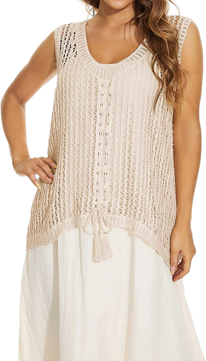 Women Sleeveless Tank Top Crochet Boho Camisole Crop Top Hollow Out Drawstring