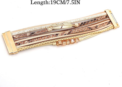 Women Leather Wrap Bracelet Multi Layer Wristband Feather Magnetic Closure