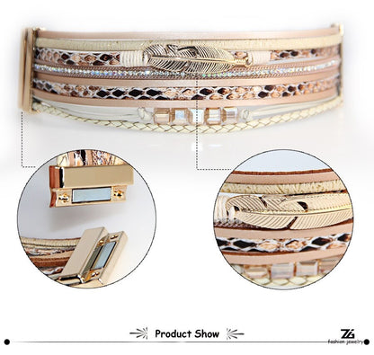 Women Leather Wrap Bracelet Multi Layer Wristband Feather Magnetic Closure