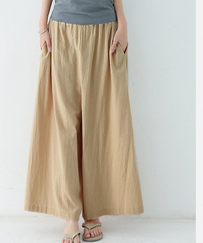 beige cotton linen wide leg pant